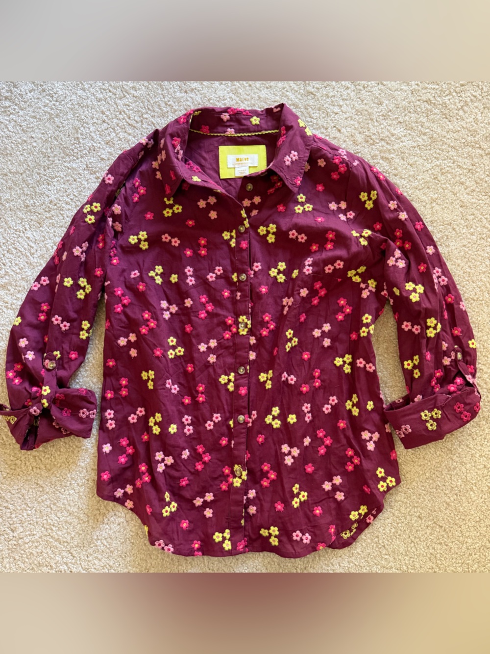 Anthropologie Maeve 100% Cotton Size M Burgundy Floral Button-Down Shirt - Picture 2 of 9